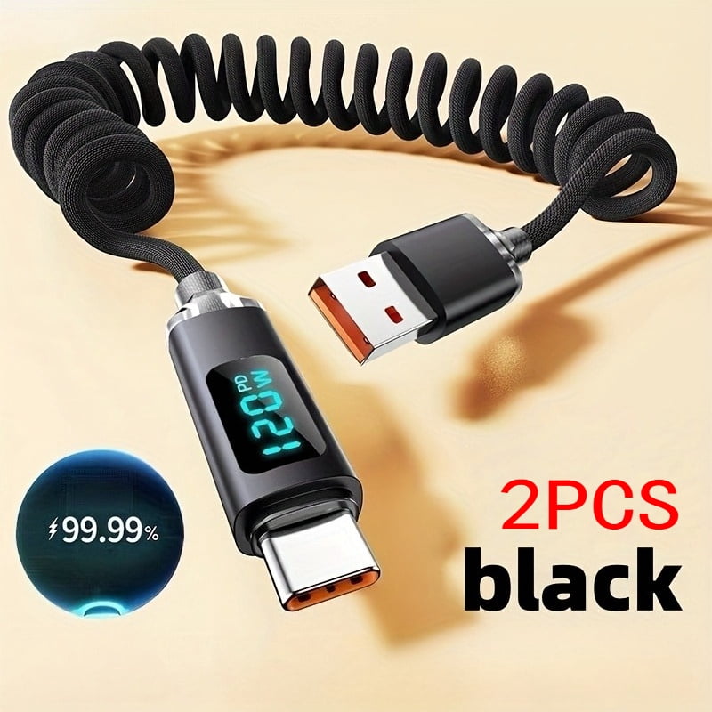2pcs USB A to Type-C Super Fast Charging Data Cable | 3.3/6.6 Feet, Nylon Braided, Retractable, Compatible with Apple, Huawei, Samsung, Oppo, 50W Power Output, Tangle-free