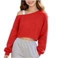 thumbnail image 2 of Girls off Shoulder Cropped Sweatshirt, Oversized Drop Shoulder Long Sleeve Pullover Tops for Loungewear Casual Daily Streetwear Red 14-15Y, 2 of 9
