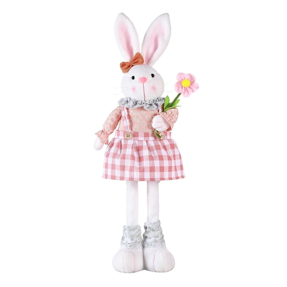 Retractable Stretch Legs Easter Bunny Plush Decoration, 16.1" to 21.6" Adjustable Standing Rabbit Figurine Holding Flower, Spring Tabletop Decor for Home Office Shelf & Holiday Party Supplies Pink