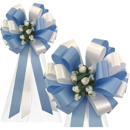 Baby Blue & White Pull Bows with Tulle Tails & Rosebuds - 8" Wide, Set of 6, Wedding, Reception, Pew Bows