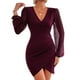 thumbnail image 1 of Vestido ajustado con escote en V, mangas farol y dobladillo cruzado en color rojo vino para mujer, talla S, 1 of 6