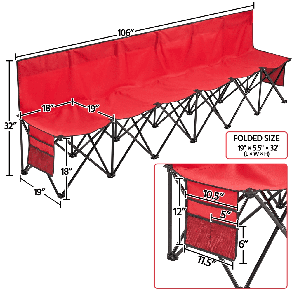 Renwick 6 Seats Portable Folding Bench for Sports Camping, Red