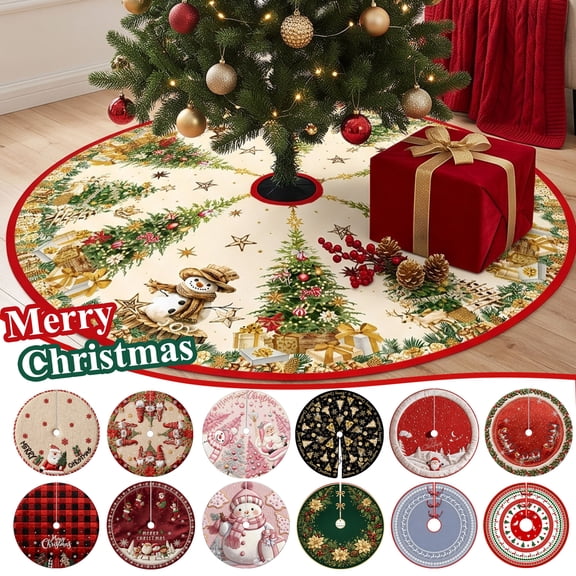 Fwttom Christmas Tree Skirt, 35.4" Soft Printed Christmas Tree Decorations, Festive Xmas Tree Skirt Base Cover for Indoor Home Party Holiday Decor