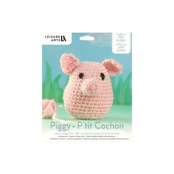 Leisure Arts Pudgies Animals Crochet Kit, Piggy, 3", Complete Crochet Kit, Learn To Animal Starter Kit For All Ages, Includes Instructions, Diy Amigurumi Kits