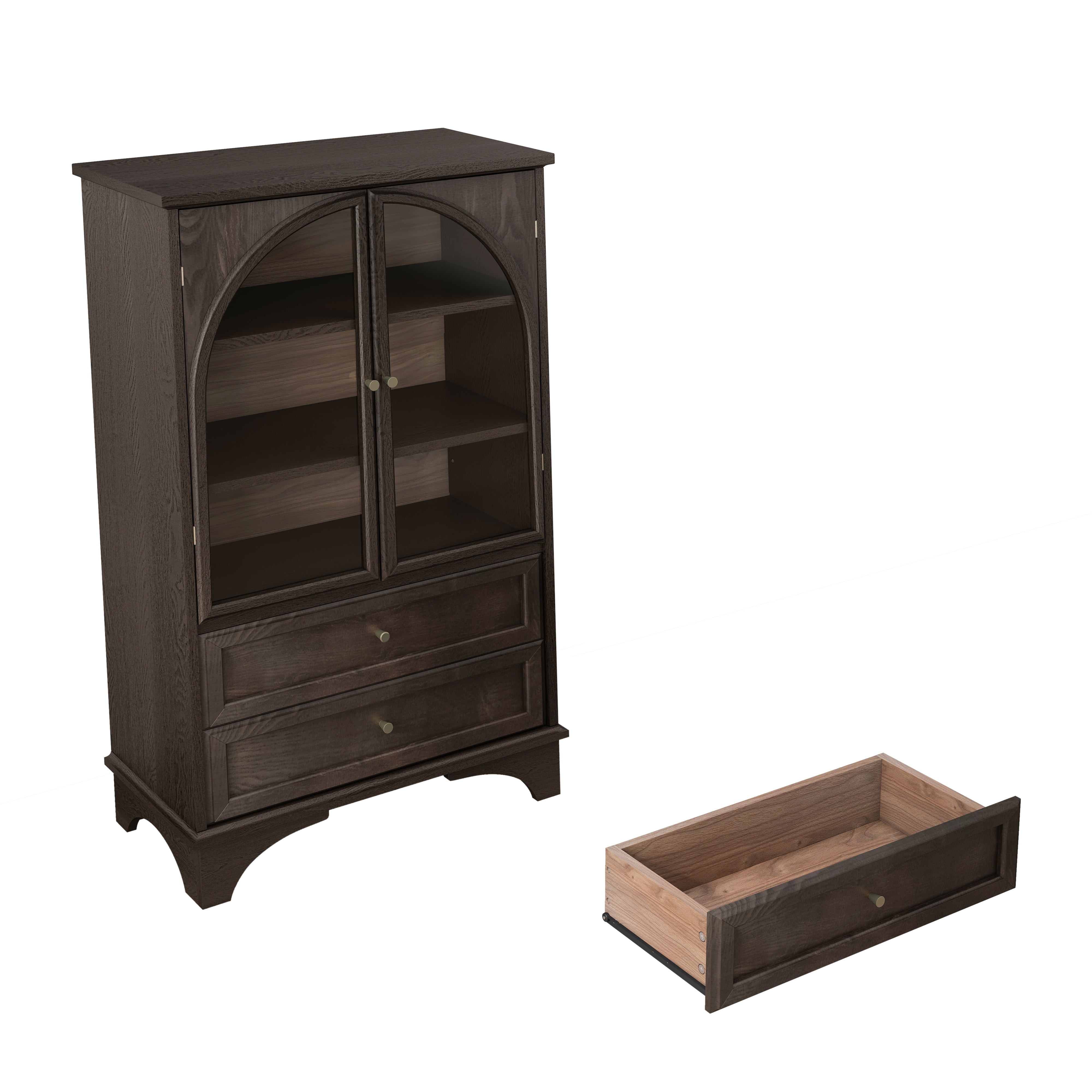 52.17"H Glass Door Display Case Storage Cabinet with 2 Drawers and Adjustable Shelf, Spacious Storage Solutions, Curio Cabinet for Living Room, Bedroom, Kitchen and Office, Brown