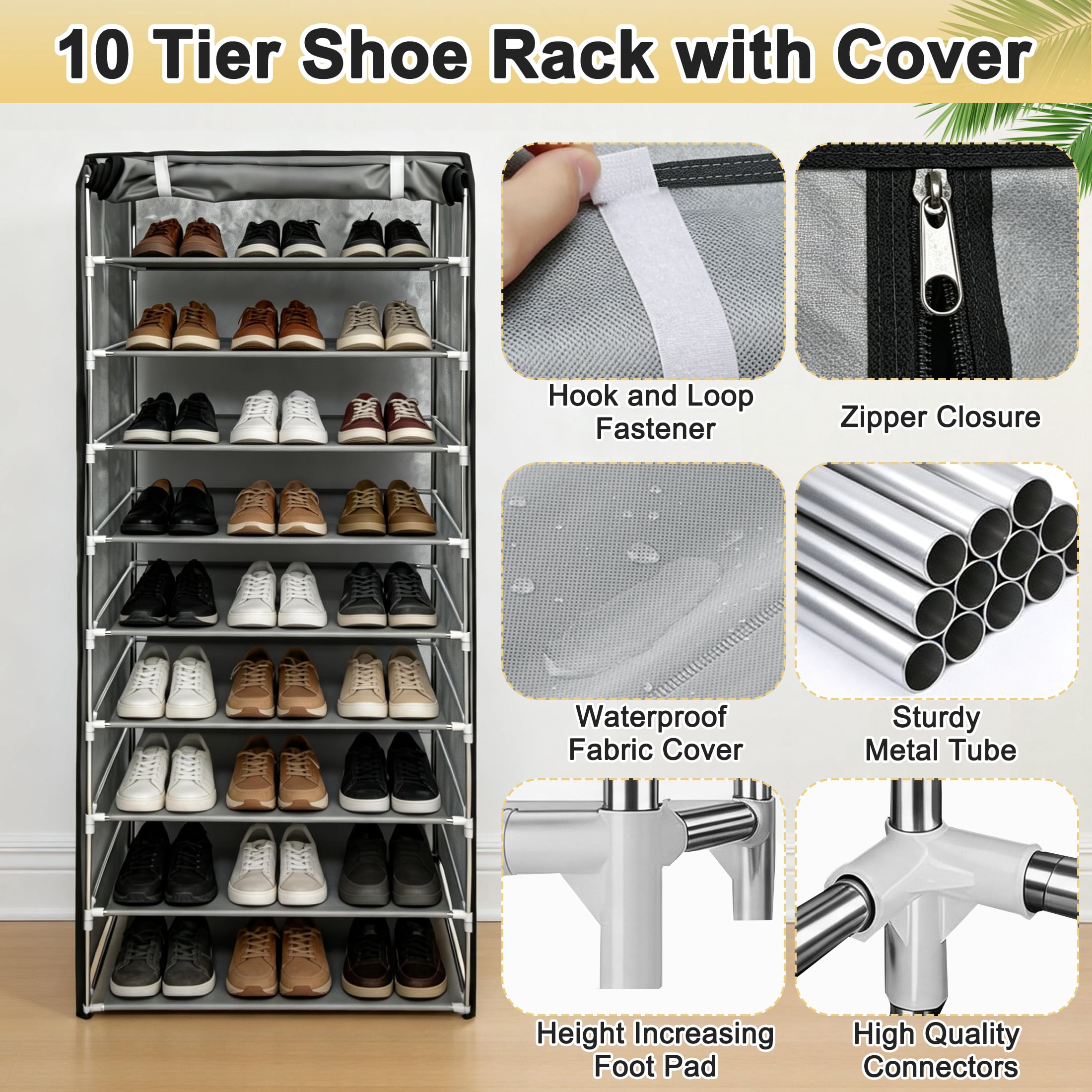 10 Tier Shoe Rack with Dustproof Cover, Tall Shoe Storage Organizer for 27 Pairs, Removable Shelves, Space-Saving Shoe Cabinet for Entryway Bedroom Closet, Grey