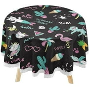 SKYSONIC Unicorn Flamingo Summer Round Tablecloth 60inch Indoor Wrinkle Free, Toucan Cat Cactus Circular Lace Table Cover Washable for Kitchen Party BBQ Dining Decor