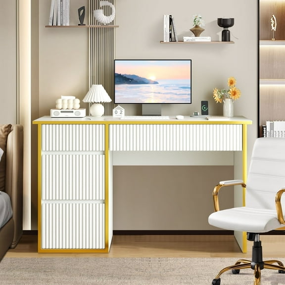 DreamCurship White Desk with Drawers, Computer Desk with Storage, Writing Desk for Bedroom, White and Gold Desk