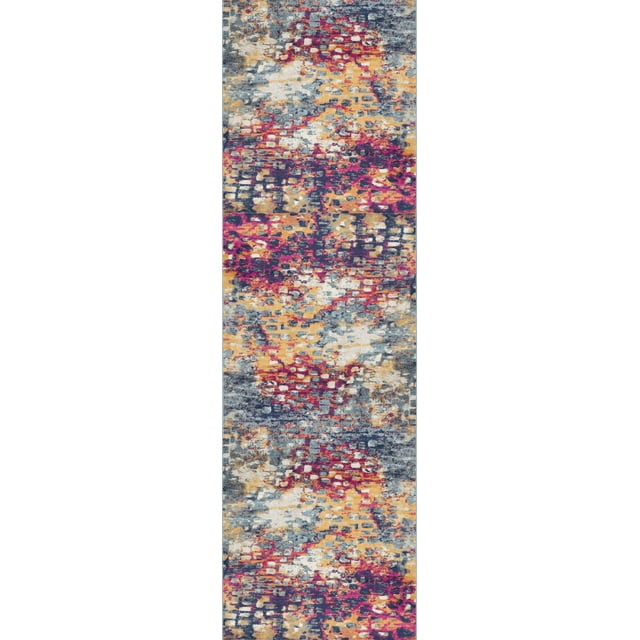 Rug Branch Ziya 2' x 15' (2'3" x 15') Yellow/Blue Abstract Distressed Indoor Runner Rug, Contemporary, Medium Pile, Stain-Resistant Hallway Carpet - Entryway, Mudroom, Bedroom, and Kitchen