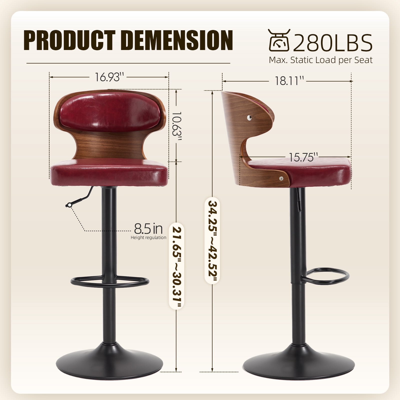 MOONMISS Swivel Bar Stools Set of 2, Wooden Kitchen Bar Chairs with Back, PU Leather Counter Height Barstools for Kitchen Island,Wine Red