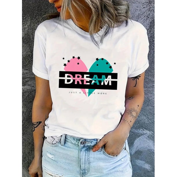 Camiseta Para Mujer Verano Suave Camiseta Con Cuello Redondo Para Mujer Para Caminar Por La CalleWomen'S Dream Heart Print Fashion T-Shirt, Casual Crew Neck Short Sleeve Tee, Comfortable Polyester B
