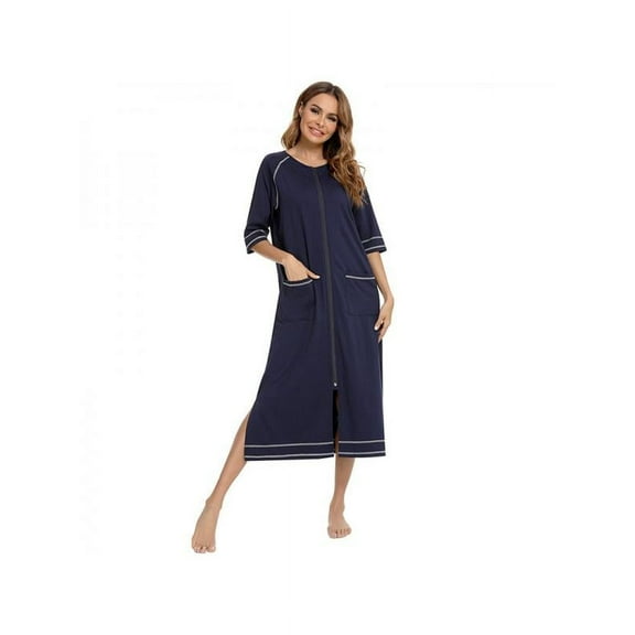 Women Zipper Robe Short Sleeve House Dress Full Length Sleepwear Duster Housecoat with Pockets