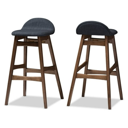 Logo Fabric Bar Stool - Baxton Studio Bloom Mid-Century Retro Modern Scandinavian-Style Dark Blue Fabric Upholstered Walnut Wood Finishing 30