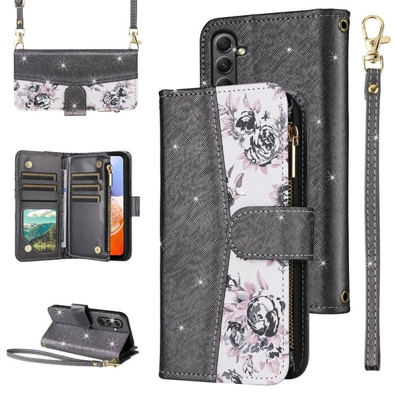 Furiet for Samsung Galaxy A15 5G/4G Floral Wallet Case with Flip Zipper Purse Wrist Strap Shoulder Strap, Luxury Glitter PU Leather Card Holder Stand Cell Phone Cover for A 15 G5 15A Women Black