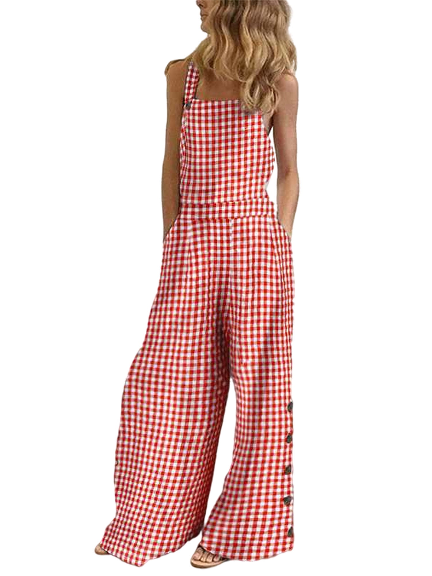Jumpsuits for Women Casual Summer,Overalls Plus Size Suspender Playsuit Plaid Backless Shorts Rompers with Pocket 