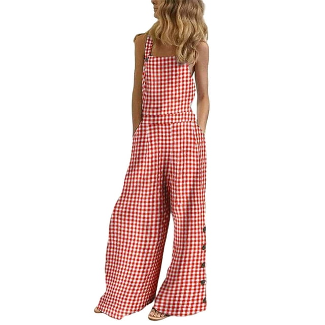 Innerwin Combinaison Longue Imprimée Florale pour Femmes Pantalon Large Été Sans Manches Ample une Pièce Rouge L