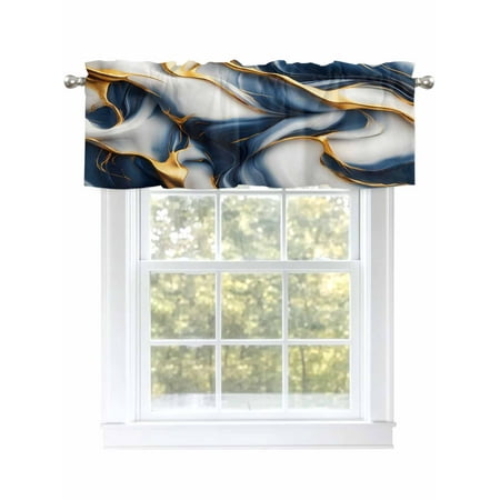 Blue Gold Marble Valances for Windows Rod Pocket Kitchen Valance Curtains - Soft & Washable Small Window Treatment for Living Room Bathroom Retro Abstract Texture 54x18inch