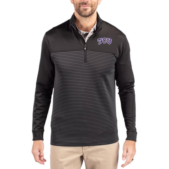 Men's-Cutter & Buck Black TCU Horned Frogs Traverse Stretch Eco Stripe DryTec Tri-Blend Quarter-Zip Pullover