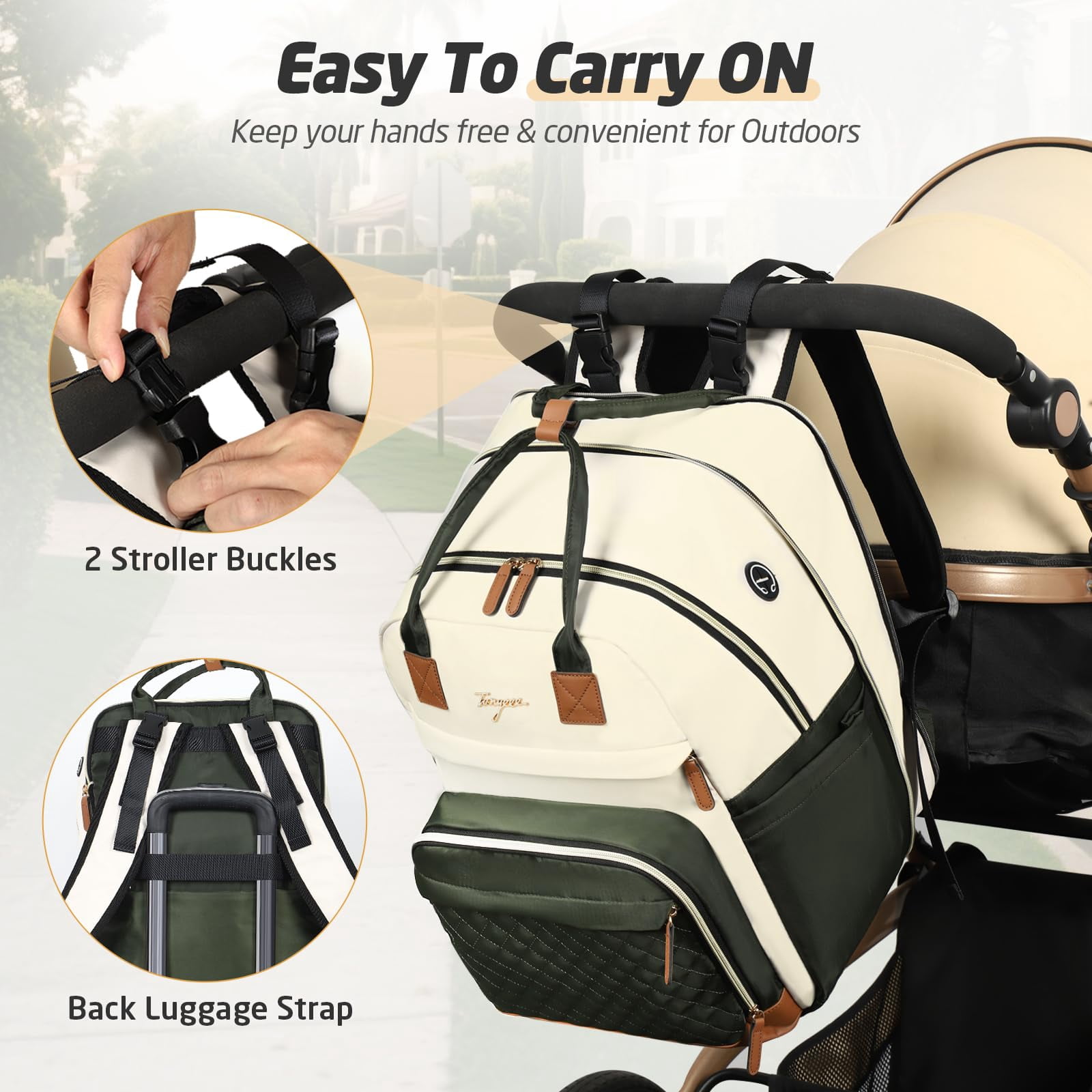 Diaper Bag Backpack, Extra Large for Twins & 2 Kids, Expandable 25‑37L Travel Baby Bag with Changing Pad & Earphone Hole, Apricot Green