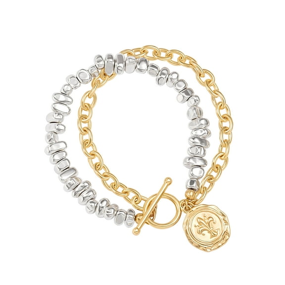 CANEVINKA Two Tone Layered Bracelets for Women, Gold and Silver Mixed Metal Bracelet, Chunky Statement Coin Charm Bracelet with Toggle