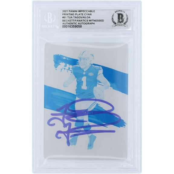 Tua Tagovailoa Miami Dolphins Autographed 2021 Panini Impeccable Cyan Printing Plate #61 #1/1 Beckett Fanatics Witnessed Authenticated Card - Fanatics Authentic Certified