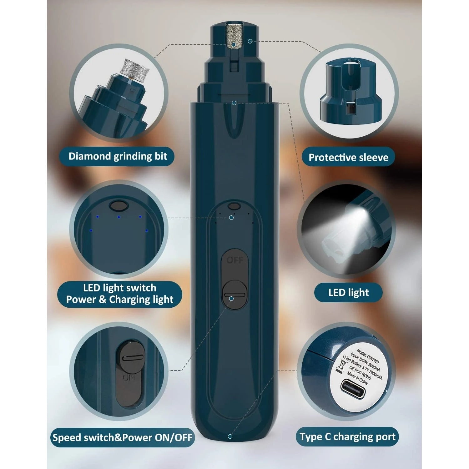 Dog Nail Grinder, Pet Nail Trimmer, 3 Speed Quiet Rechargeable Electric Nail File with 20h Working Time