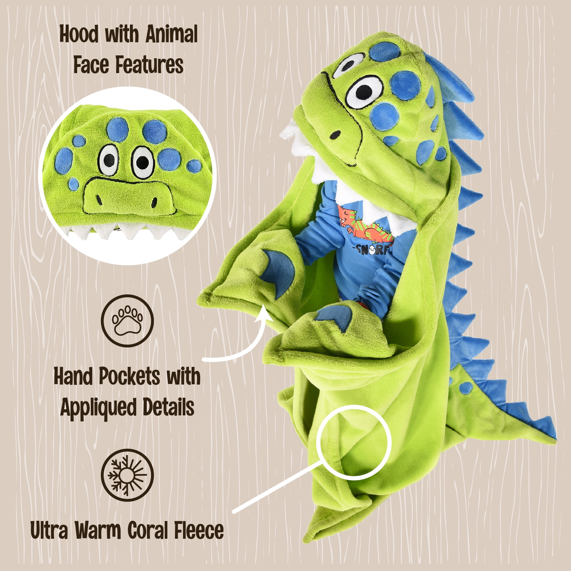 LazyOne Wearable Hooded Blanket for Kids, Animal Hooded Blanket (Dino Blanket)