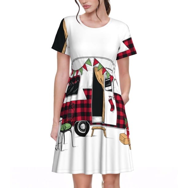 Easygdp Vintage Buffalo Plaid Christmas Camper para Vestido Transpirable de Mujer, Vestido Suelto de Manga Corta con Pliegues y Bolsillos para el Verano