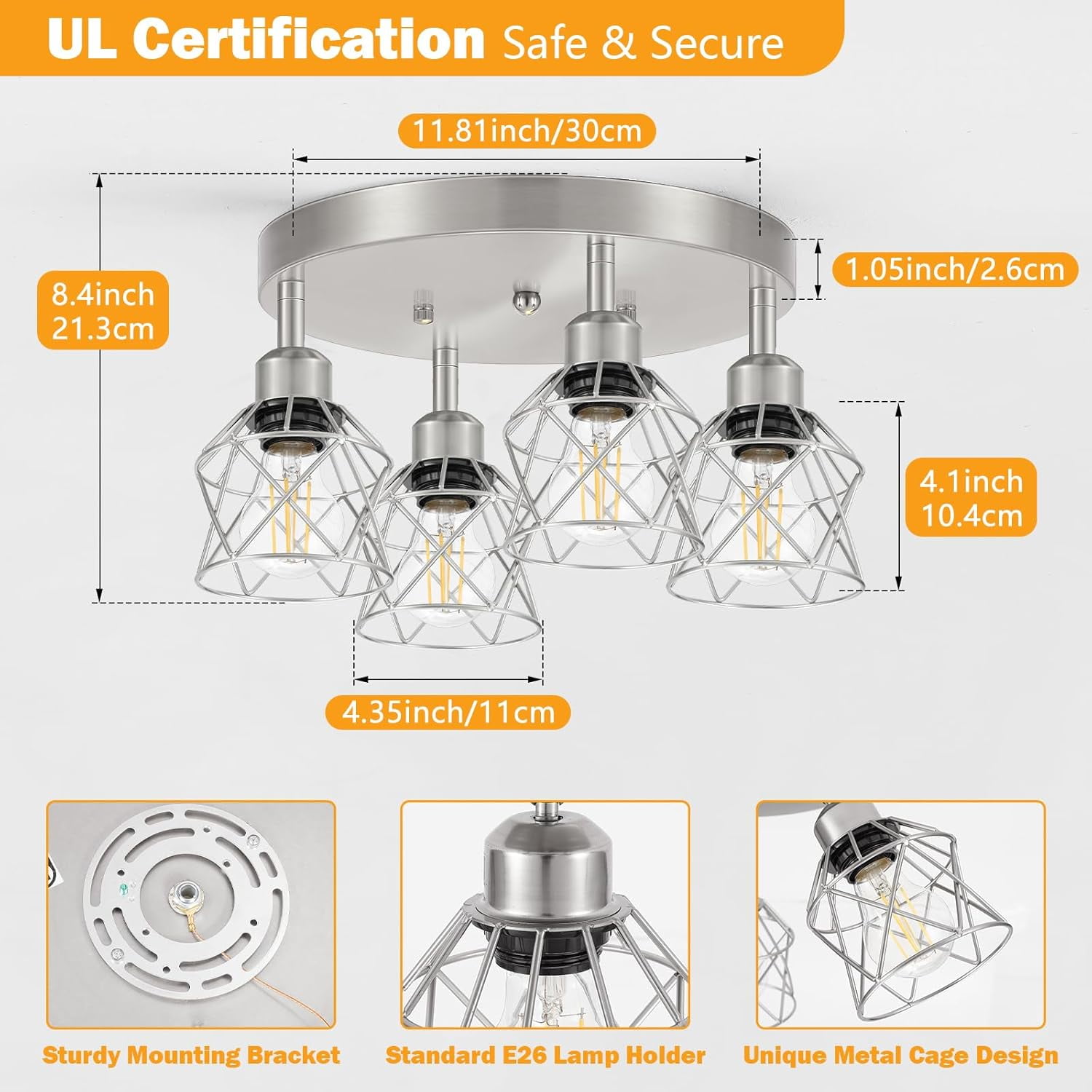 4-Light Brushed Nickel Kitchen Light Fixtures, Modern Hallway Light Fixtures Ceiling, Adjustable Multi-Directional Indoor Silver Metal Cage Close to Ceiling Lights for House Bedroom