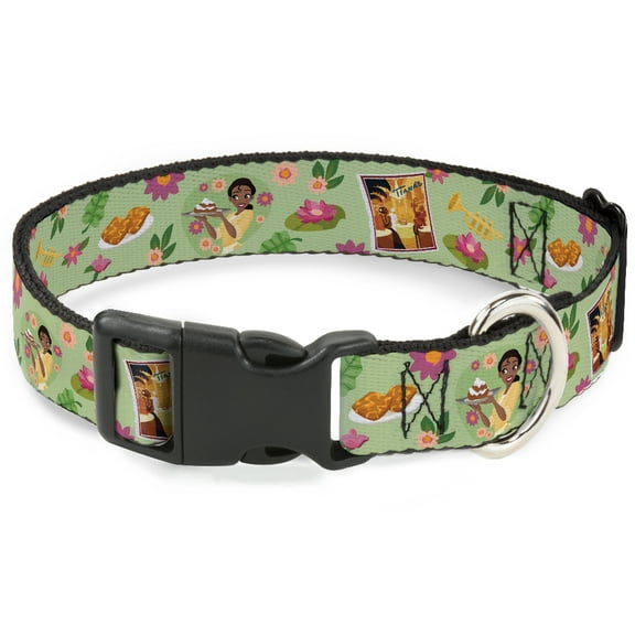 Disney Pet Collar, Dog Collar Plastic Buckle, The Princess and the Frog Tianas Place Collage Greens Pinks, 7 to 8.5 Inches 0.5 Inch Wide