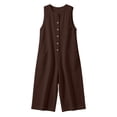 thumbnail image 4 of Women's Cotton‑Linen Sleeveless Button‑Front Jumpsuit Crew Neck Solid‑Color Utility Loose Cropped One‑Piece Pants with Multi‑Pockets Brown S(S), 4 of 6