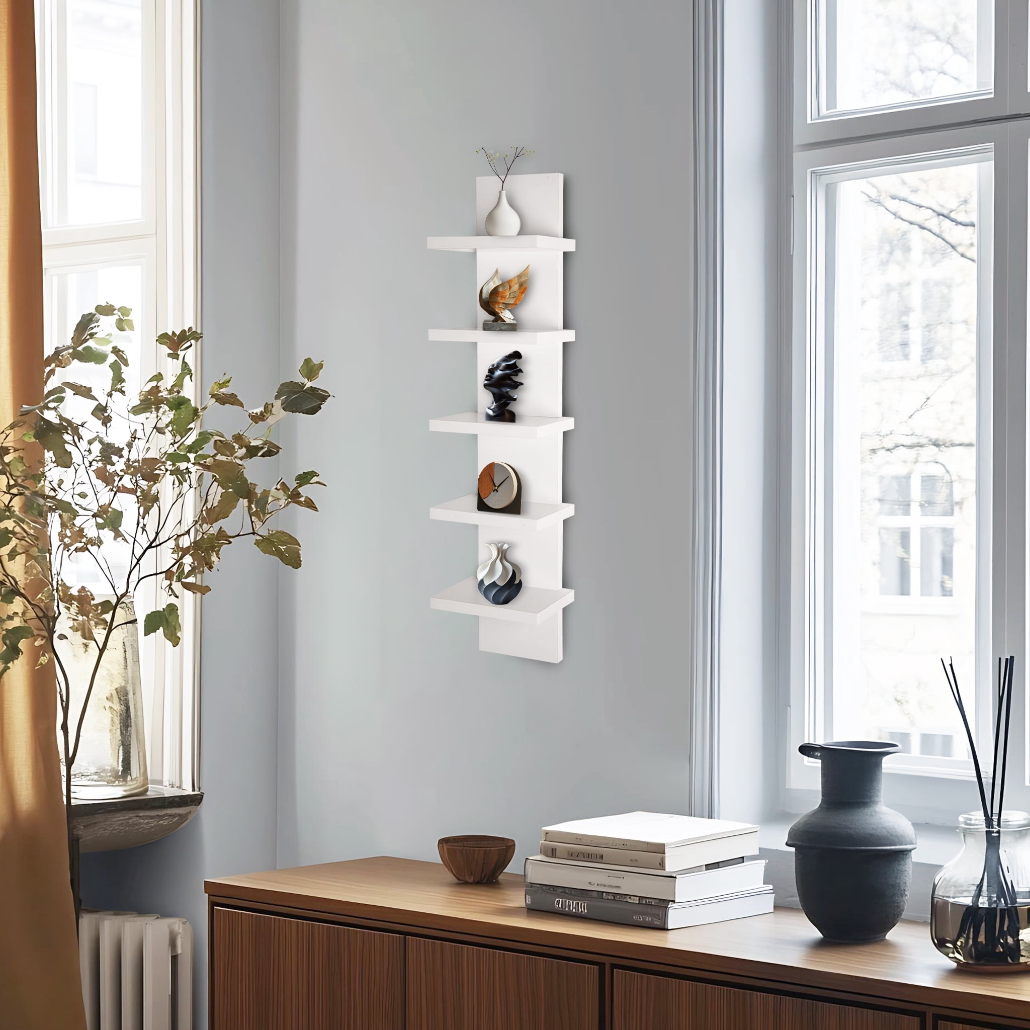 5 Tier Wall Shelf Unit, White Wall Shelf, Multifunctional Display Floating Shelf, Bedroom and Home Decor Organizer
