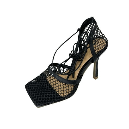 

Rdeuod Sandals Women S Sexy Mesh Breathable Hollow Square Toe High Heel Ankle Strap