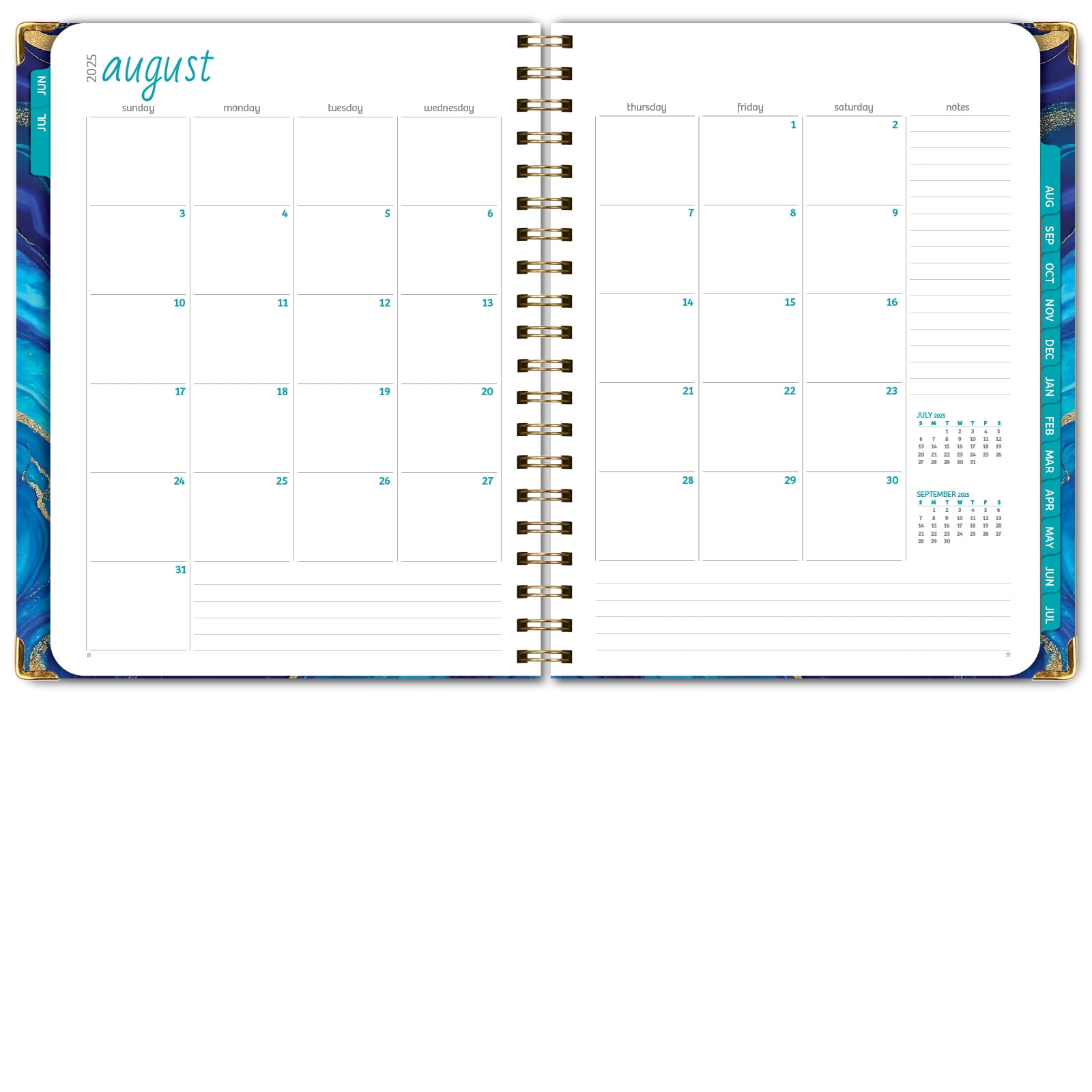Academic Year 2025-2026 Planner, June 2025 - July 2026, 8.5"x11" Daily Weekly Monthly Planner Yearly Agenda, Hardcover, Bookmark, Pocket Folder and Sticky Note Set (Dark Blue Marble)