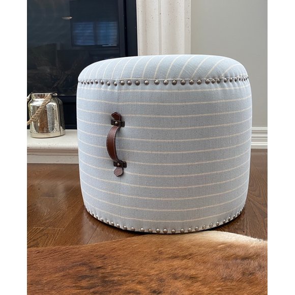 Round Upholstered Johnnie Ottoman Pouf, Vanity Stool in Ticking Fabric with Pewter Nail Head Trimmed & PU Leather Handle-Dia20"x18"H