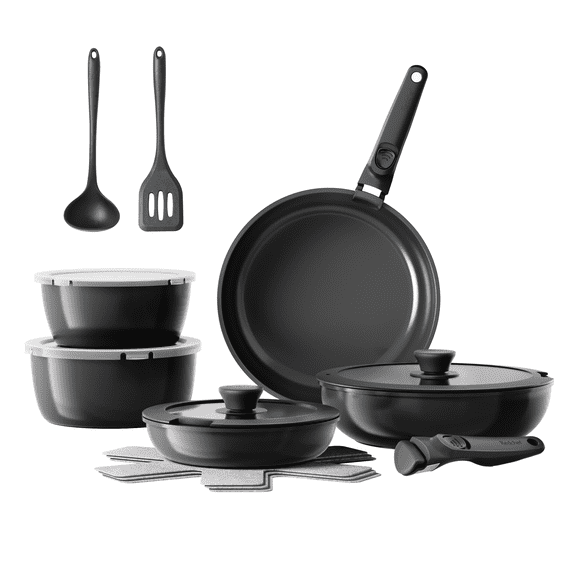 Redchef 16pcs Ceramic Pots and Pans Set Non Stick, Nonstick Kitchen Cookware with Detachable Handle, RV Cookware Set for Camping, Dishwasher/Oven Safe (Black)
