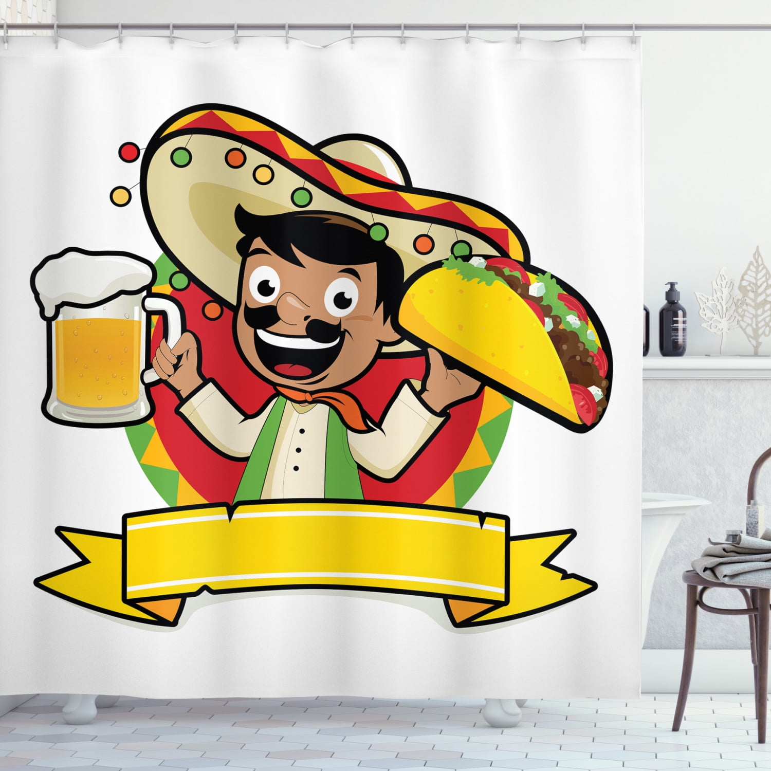 Mexican Shower Curtain, Latino Man Holding Cold Beer and Tacos Restaurant  Poster Style Funny Cartoon Print, Fabric Bathroom Set with Hooks, 69W X 70L  Inches, Multicolor, by Ambesonne 