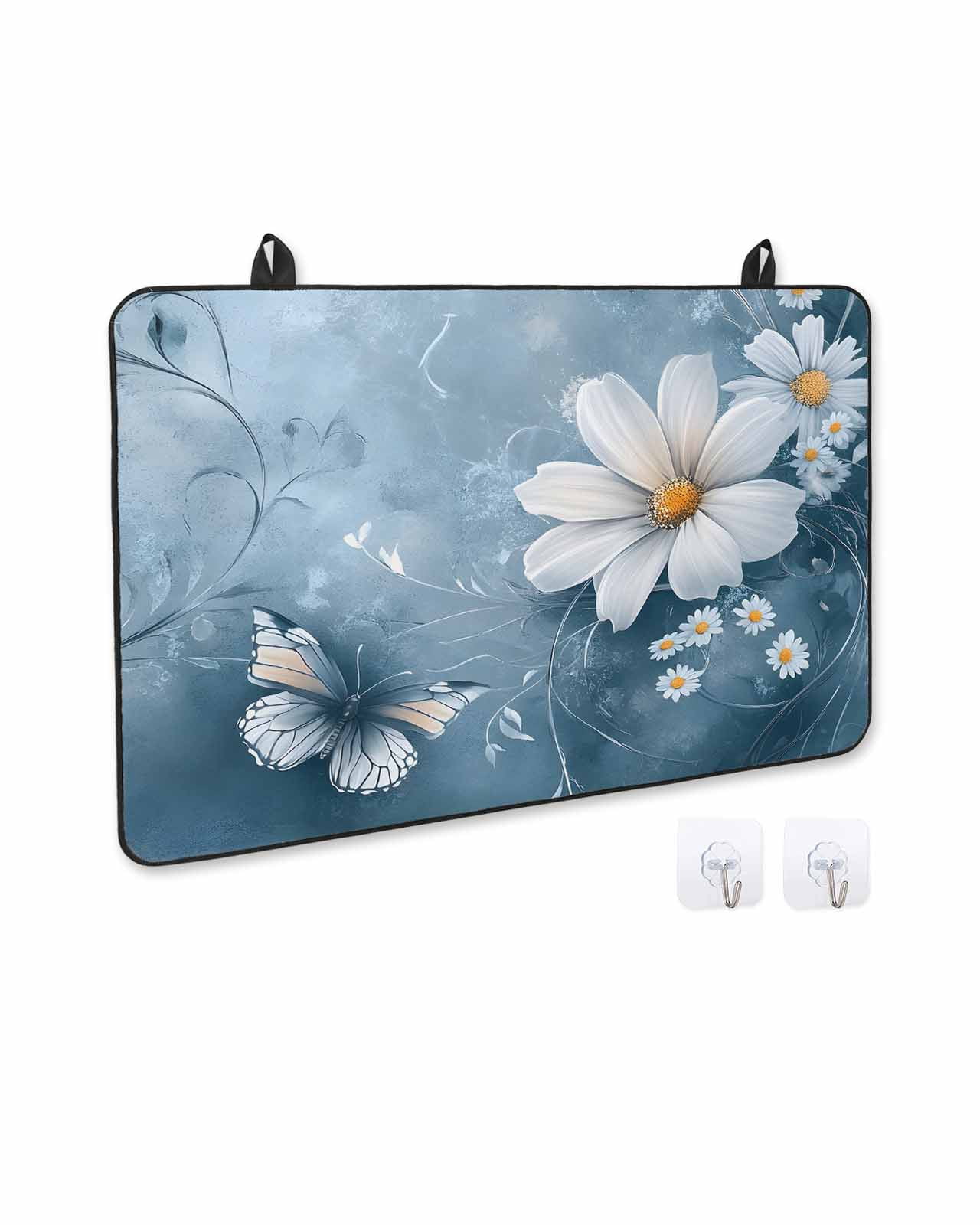 nqOlkjepod Large Induction Cooktop Protector Mat 24"x21", White Daisy Floral Stove Top Covers for Electric Stove, Farmhouse Pastoral Botanical Stove Burner Cover Mats, Glass Top Stove Cover