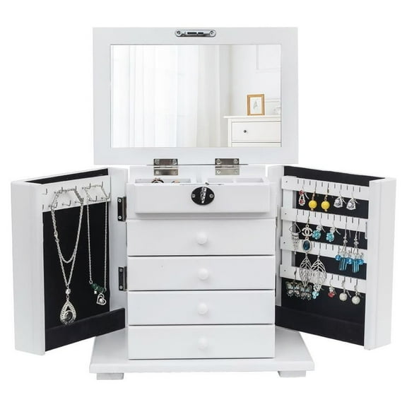 Ktaxon 4-Drawer Mirrored Lockable Jewelry Box Case for Earring Necklace Organizer, White