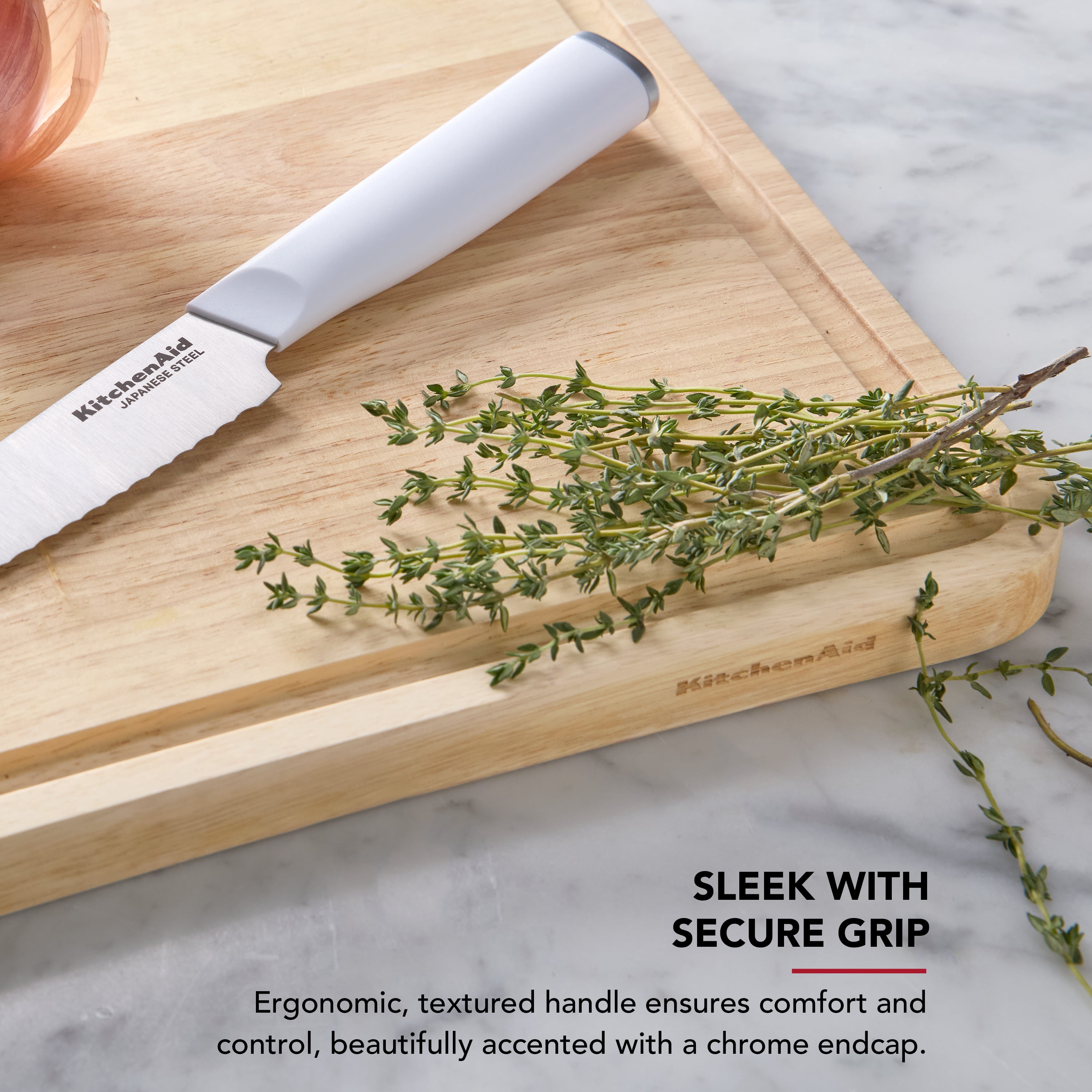 KitchenAid Classic 5.5-Inch Serrated Utility Knife with Sheath, High-Carbon Japanese Steel, White
