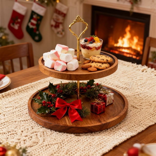 Bandeja decorativa de madera de 2 niveles, torre para cupcakes, exhibidor de postres, galletas y dulces. Ideal para decorar la cocina en un estilo rústico, bodas, fiestas de té, Navidad y