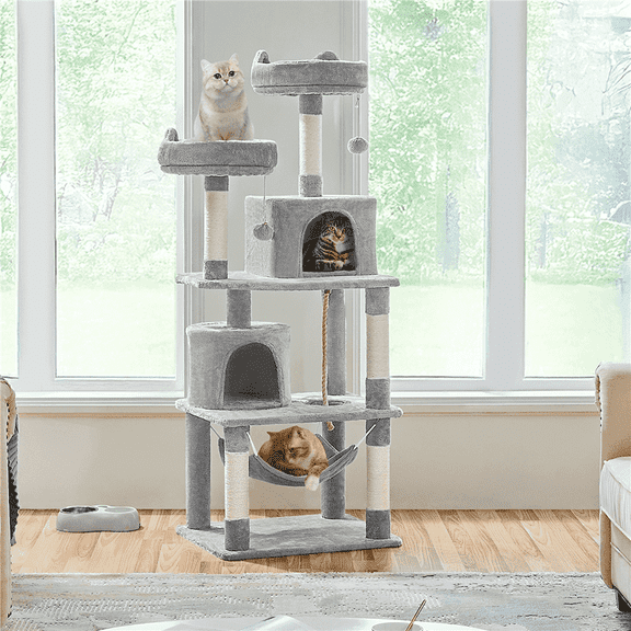 Yaheetech 62"H Multi Level Cat Tree Tower with Condos Foam-Padded Perches, Light Gray