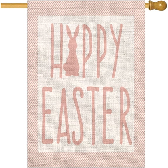 Happy Easter Rabbit House Flag Double Sided Pink White Stripes Easter Bunny Burlap Garden Flags Spring Rustic Farmhouse Yard Outdoor Decoration 28x40 Inch