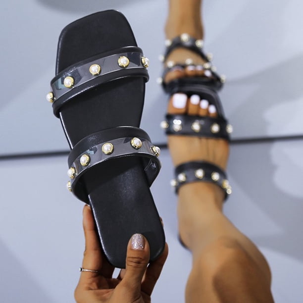 Sandalias planas con punta abierta y perlas para mujer, sandalias cómodas, informales, cómodas, para la playa Wmkox8yii hj789