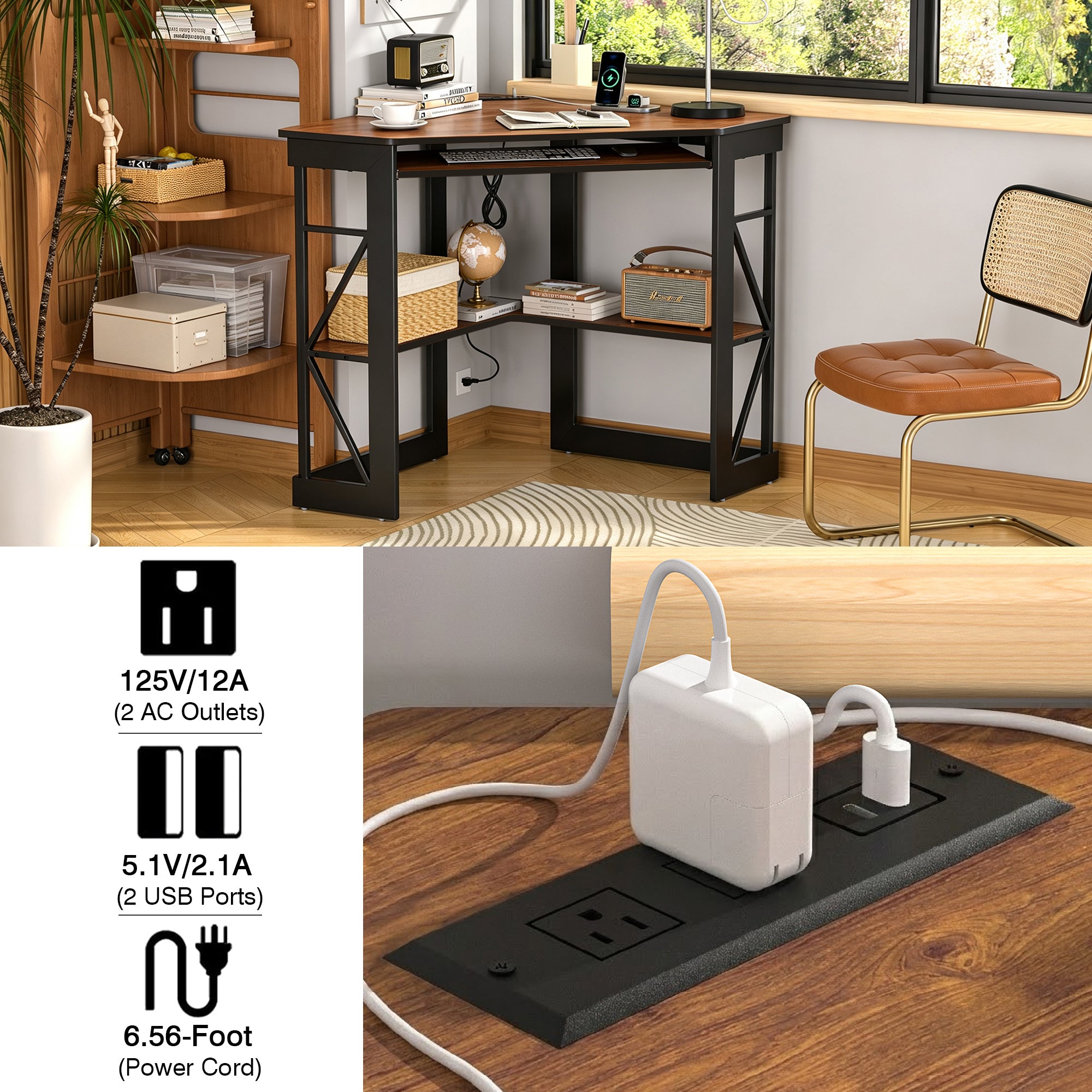 VECELO Corner Computer Desk with Charging Station, Dark Brown photo 5