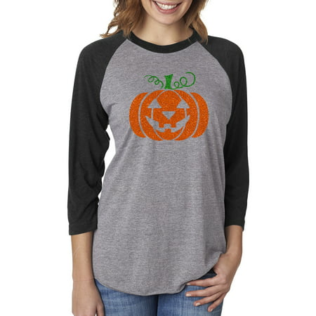 Glitter Jack O' Lantern Pumpkin Halloween Costume Womens Raglan Sleeve T-Shirt