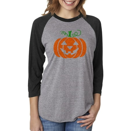 Ladies Sleeve Raglan T-shirt - Glitter Jack O' Lantern Pumpkin Halloween Costume Womens Raglan Sleeve T-Shirt