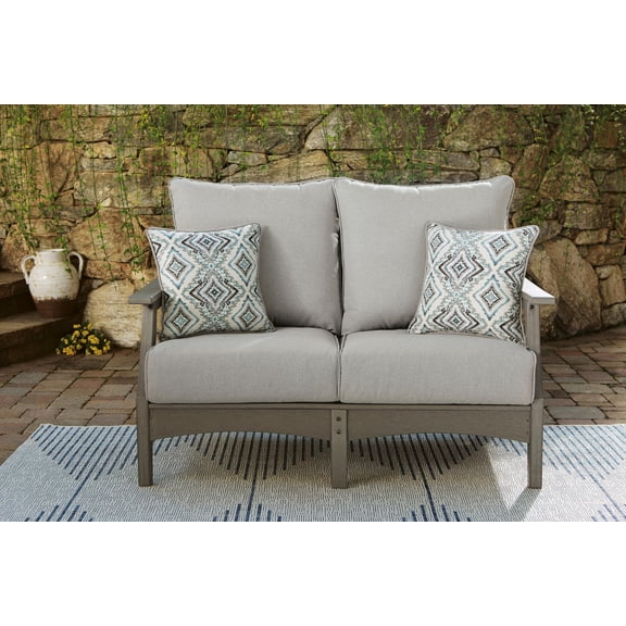 Signature Design by Ashley Visola Outdoor Loveseat with Cushion, Gray, Patio Loveseat with HDPE Wood-Look Frame and Nuvella Fabric