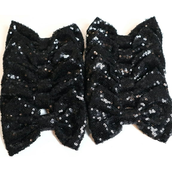 Set of 12 Black Sequin Bows 5 Inches Large Glitter Bows Wholesale Bows, DIY Fabric Hair Bows - No Clips