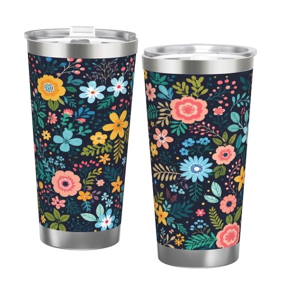 Vintage Floral Garden Pattern 20oz Insulated Tumbler Dark Botanical Flowers Travel Cup with Handle Straw Lid with Double Silver Rim